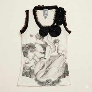 MNG Jeans Vintage Graphic Swan & Puppy Tank Top • Black Lace Trim • Size S